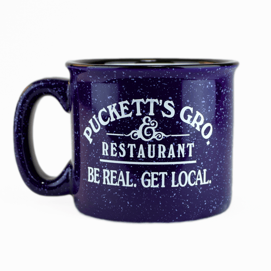 Puckett's branded blue camp mug