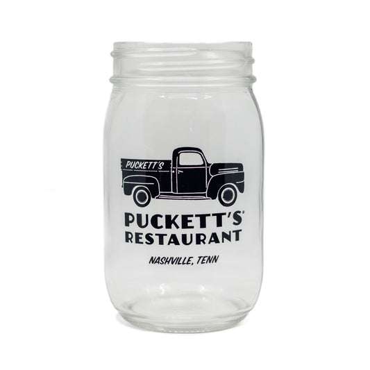 Puckett's branded mason jar